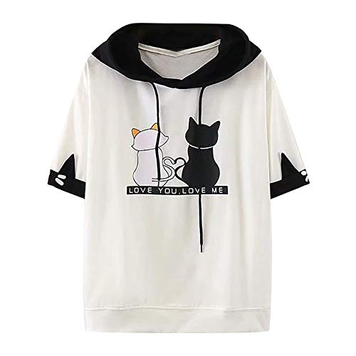 Xmiral Kapuzenhemd Damen Katzenohr Niedlicher Druck Kurzarm Sweatshirt Patchwork Tasche T-Shirt Hoodie(c-Weiß,XL) von Xmiral