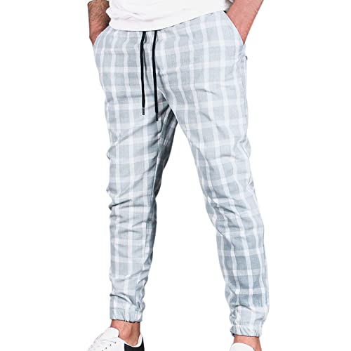 Xmiral Karierte Karottenhose Herren Freizeithosen Mit Kordelzug Und Taschen Männer Schlupfhose Jogginghose (Grau, L) von Xmiral