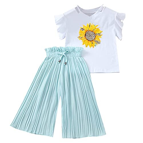 Xmiral Kinder Kinder M鋎chen Kurzarm Outfits Brief T-Shirt + Breite Beinhosen (8-9 Jahre, Sonnenblume-Gr黱) von Xmiral