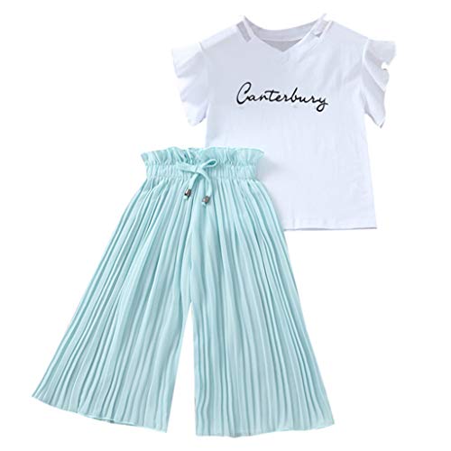 Xmiral Kinder Kinder M鋎chen Kurzarm Outfits Brief T-Shirt + Breite Beinhosen Baby Sommer Tops Hosen 2er Kleidung Set(Gr黱,13-14 Jahre) von Xmiral