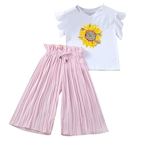 Xmiral Kinder Kinder Mädchen Kurzarm Outfits Brief T-Shirt + Breite Beinhosen (6-7 Jahre, Sonnenblume-Rosa) von Xmiral