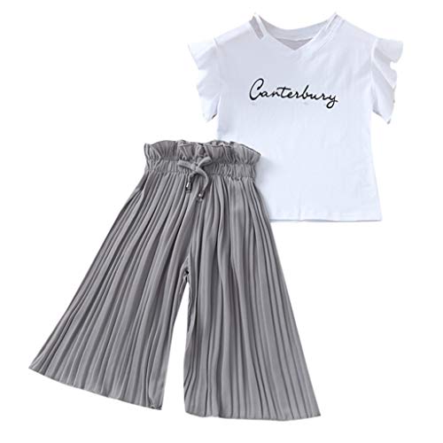 Xmiral Kinder Kinder Mädchen Kurzarm Outfits Brief T-Shirt + Breite Beinhosen Baby Sommer Tops Hosen 2er Kleidung Set(Grau,7-8 Jahre) von Xmiral