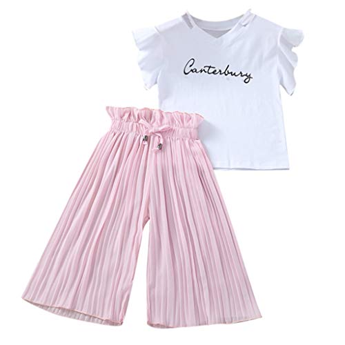 Xmiral Kinder Kinder Mädchen Kurzarm Outfits Brief T-Shirt + Breite Beinhosen Baby Sommer Tops Hosen 2er Kleidung Set(Rosa,11-12 Jahre) von Xmiral