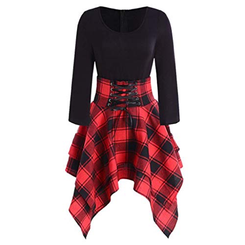 Xmiral Kleid Damen 3/4 Ärmel/Halbarm Hohe Taille Schnürung Plaid Unregelmäßiger Saum Kleid Tanzkleider(3/4 Ärmel-Rot,XXL) von Xmiral