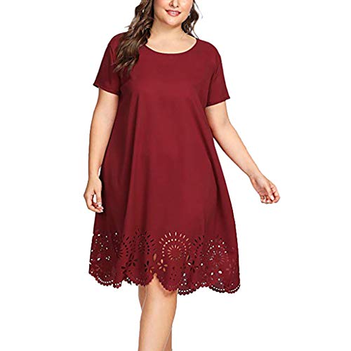 Xmiral Kurzarmkleid für Damen Einfarbig Rundhalsausschnitt Aushöhlen Mittelkalb Freizeitkleid Große Größe(Rot,5XL) von Xmiral