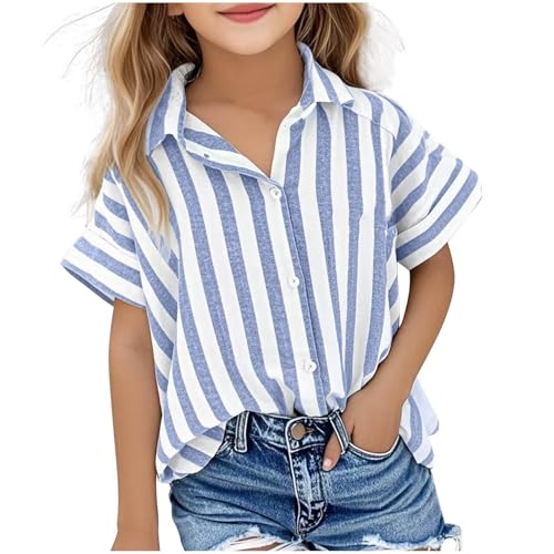 Xmiral Mädchen Blusen Baumwolle Leinen Gestreifte Tops V Ausschnitt Button Down Shirt Loose Fit Casual T 128 (Blue 9 10 Years) von Xmiral