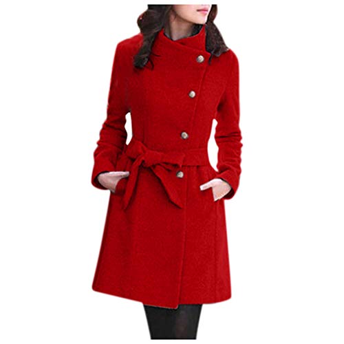 Xmiral Mantel Damen Einfarbig Rollkragen Lange Umlegekragen Trenchcoat Jacke mit Gürtel Winter Elegant Hohe Taille Warm Wintermäntel Steppjacke(Rot,3XL) von Xmiral