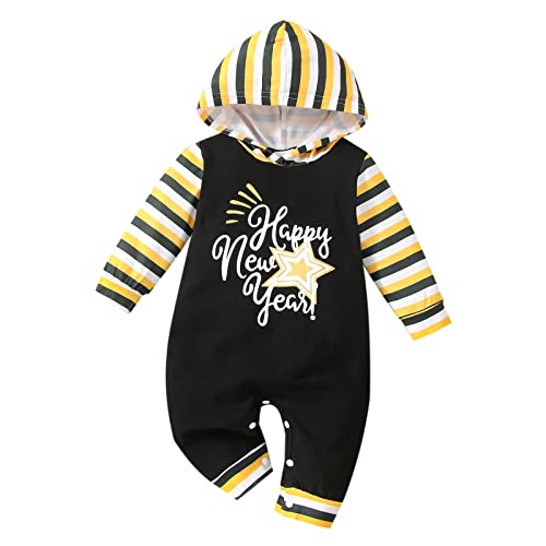 Xmiral Mein erstes Neujahr Kleidung Neugeborenes Baby Junge Mädchen Neujahr Outfits Streifen Brief Drucken Kapuzen Strampler Overall Outfits Fleece Overall Baby Junge (Black, 6M) von Xmiral