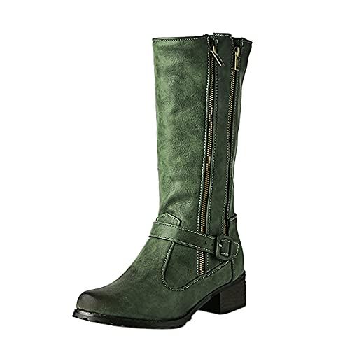 Xmiral Mittelhohe Stiefel Mit Doppeltem Reißverschluss Damen Retro Stiefeletten Mid Calf Boots Motorradstiefel Mit Blockabsatz (Grün, 38) von Xmiral