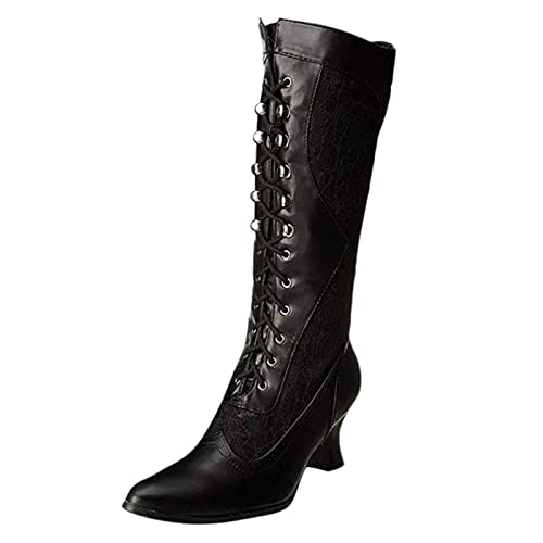 Xmiral Mittlere Stiefel Damen Mittlerem Absatz Boots Spitze Zehenkappe Lange Schnürschuhe Mit Spitzennähte (Schwarz, 39) von Xmiral