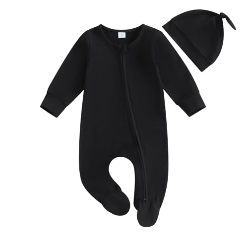 Xmiral Neugeborenen Baby Jungen Mädchen Footie Strampler Solide Zipper Overall Baby Home Wear Outfit Mit Hut Baby Kleidung Junge Schwarz (Black, 3-6 Months) von Xmiral