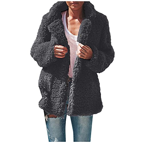 Xmiral Plüschmantel Damen Kurze Jacke Kerb-kragen Fleece Düffelmantel Mit Druckknopf Für Herbst Und Winter (Dunkelgrau, XXL) von Xmiral
