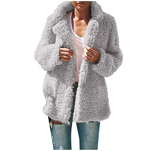 Xmiral Plüschmantel Damen Kurze Jacke Kerb-kragen Fleece Düffelmantel Mit Druckknopf Für Herbst Und Winter (Grau, M) von Xmiral