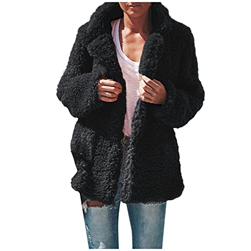 Xmiral Plüschmantel Damen Kurze Jacke Kerb-kragen Fleece Düffelmantel Mit Druckknopf Für Herbst Und Winter (Schwarz, XL) von Xmiral