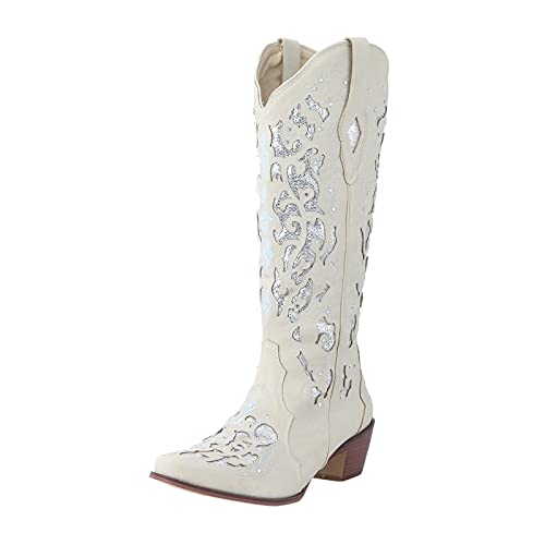 Xmiral Ritterstiefel Für Damen Schlupfschuhe Blockabsatz Strass Bestickte Kniehohe Westernstiefel Cowboystiefel (Weiß, 41) von Xmiral