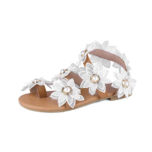 Xmiral Sandalen Damen Blumen Perle Flache Sandalen Zehenring Strandschuhe Slip-on Hausschuhe (38,Wei? von Xmiral