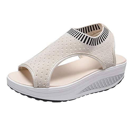 Xmiral Sandalen Damen Plateauschuhe Peep Toe Bequeme Schuhe Ankle-wrap Mesh Atmungsaktiv Keilsandale (Wei? numeric_37) von Xmiral