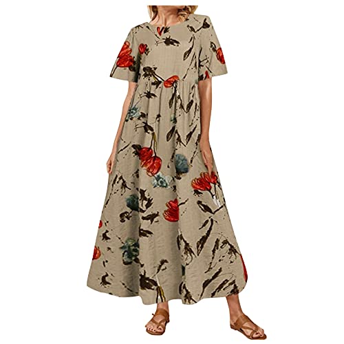 Xmiral Sommerkleid Damen Halbarm Rundhalsausschnitt Loses Maxikleid Blumendruck Feiertags Böhmisches Strandkleid(b-Gelb,XXL) von Xmiral