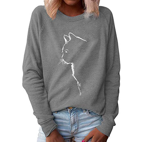 Xmiral Sweatshirt Damen Katze Gedruckt Einfarbig Pullover Slim Fit Langarm O-Ausschnitt T-Shirt Bluse(Grau,XL) von Xmiral