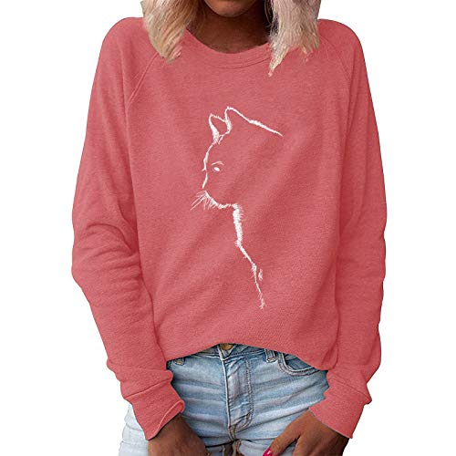 Xmiral Sweatshirt Damen Katze Gedruckt Einfarbig Pullover Slim Fit Langarm O-Ausschnitt T-Shirt Bluse(Rosa,S) von Xmiral