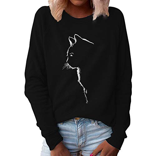 Xmiral Sweatshirt Damen Katze Gedruckt Einfarbig Pullover Slim Fit Langarm O-Ausschnitt T-Shirt Bluse(Schwarz,L) von Xmiral