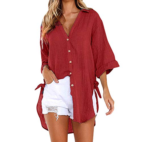 Xmiral T-Shirt Tops Damen Lange Knopf Shirt Einfarbig Lose Wilde Bluse Gro遝 Gr鲞e Elegant Hemden Kleid Urlaub 3/4 Kurzarmshirt(Rot,5XL) von Xmiral