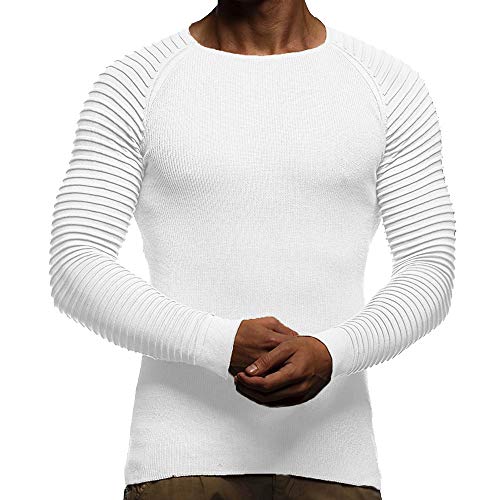 Xmiral Top-Bluse Herren Falten gestreiftes drapiertes Strick Langarm T-Shirt Einfarbig Slim Fit Pullover S-XL(S,Wei? von Xmiral