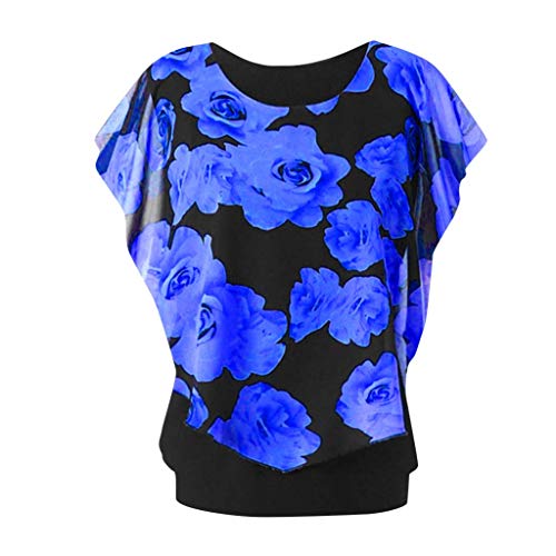 Xmiral Tops Damen ärmellose O-Ausschnitt Blume Gedruckt T-Shirt Plus Size Sommer Bluse Casual Wild Elegant Slim Fit Bluse(Blau,5XL) von Xmiral