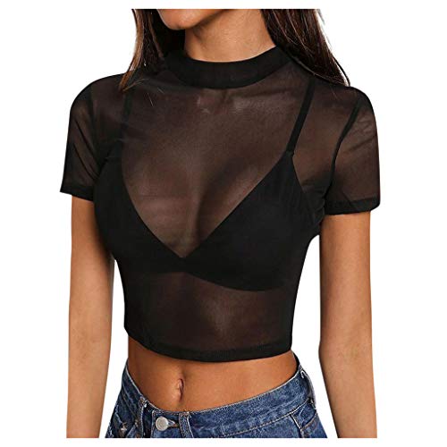 Xmiral Transparente Crop-Tops für Damen Clubwear Transparente Kurzarm Pure Mesh durchsichtige T-Shirt Bluse (Schwarz, S) von Xmiral