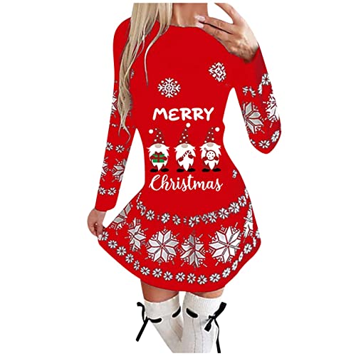 Xmiral Weihnachtskleid Damen Weihnachtsmann Druck Langarm Rundhals Body Con Party Abend Minikleid (e-Rot, S) von Xmiral