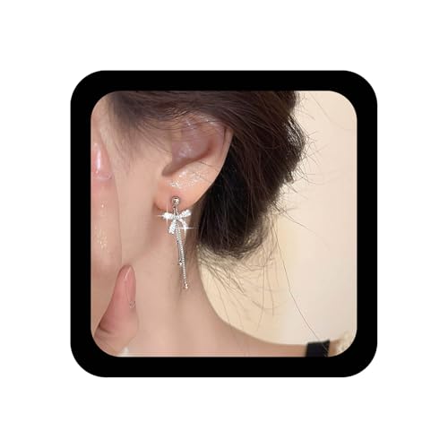 Xmsrn Vintage Crystal Bow Dangle Earrings Lange Quaste Tropfen Ohrringe Lange Bogen Ohrstecker Silber Bowknot Ohrringe Quaste Kette Baumeln Schmuck Für Frauen von Xmsrn