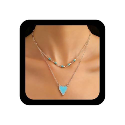 Xmsrn Vintage Geschichtet Herz Liebe Halskette Türkis Herz Anhänger Halskette Türkis Perlen Kette Halskette Kristall Liebe Herz Halskette Schichtung Kette Halsschmuck Für Frauen von Xmsrn
