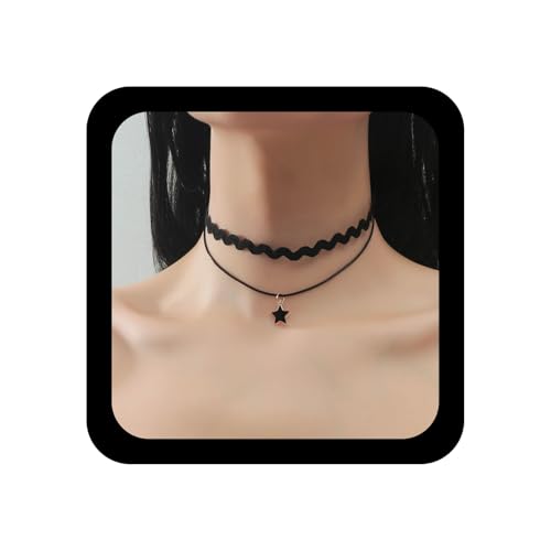 Xmsrn Vintage Geschichtet Schwarz Welle Samt Choker Halskette Emaille Stern Anhänger Halskette Schwarzer Stern Choker Halskette Kurz Schwarz Leder Halskette Boho Wildleder Schmuck Für Frauen von Xmsrn