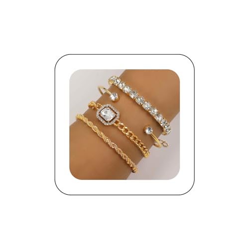 Xmsrn Vintage Geschichteten Kristall Tennis Armband Strass Armreif Armband Set Gold Klobig Cz Kandare Kette Armband Kristall Quadrat Armband Schmuck Für Frauen Und Mädchen （gold） von Xmsrn