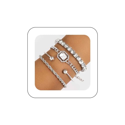 Xmsrn Vintage Geschichteten Kristall Tennis Armband Strass Armreif Armband Set Silber Klobig Cz Kandare Kette Armband Kristall Quadrat Armband Schmuck Für Frauen Und Mädchen （silver） von Xmsrn