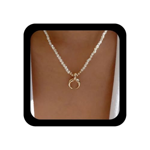 Xmsrn Vintage Mondsichel Anhänger Halskette Boho Perlenkette Choker Halskette Gold Horn Halskette Strang Perlenkette Feine Mondkette Halskette Schmuck Für Frauen von Xmsrn
