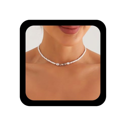 Xmsrn Vintage Saatgut Perle Choker Halskette Silber Stern Anhänger Halskette Weiß Reis Perle Weiß Reis Kette Strang Choker Schmuck Für Frauen von Xmsrn