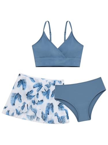 Xnihocha 3 Stück Bikini Set Mädchen Teenager Bikinioberteil mit Triangel Bikinihose und Rock Hawaii UV Schutz 50+ Schwimmanzug für 8-16 Jahre Dunstblau 140-146 von Xnihocha