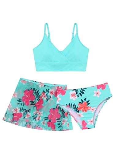 Xnihocha 3 Stück Bikini Set Mädchen Teenager Bikinioberteil mit Triangel Bikinihose und Rock Hawaii UV Schutz 50+ Schwimmanzug für 8-16 Jahre Hellblau 158-164 von Xnihocha