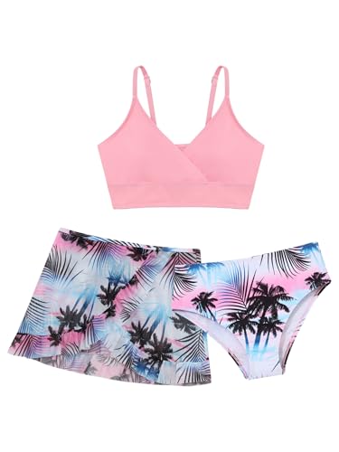 Xnihocha 3 Stück Bikini Set Mädchen Teenager Bikinioberteil mit Triangel Bikinihose und Rock Hawaii UV Schutz 50+ Schwimmanzug für 8-16 Jahre Rosa 146-152 von Xnihocha