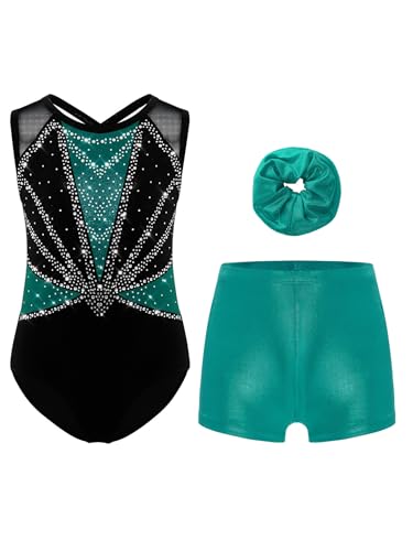 Xnihocha 3Pcs Mädchen Turnanzug Glitzer Gymnastikanzug Ärmellos Ballettanzug mit Shorts Kurze Hose und Stirnband Ballett Tanzkostüm Grün 146-152 von Xnihocha