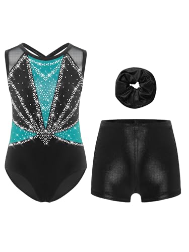 Xnihocha 3Pcs Mädchen Turnanzug Glitzer Gymnastikanzug Ärmellos Ballettanzug mit Shorts Kurze Hose und Stirnband Ballett Tanzkostüm Grün Schwarz 134-140 von Xnihocha
