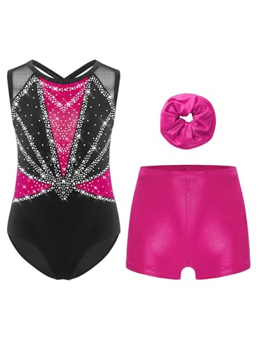 Xnihocha 3Pcs Mädchen Turnanzug Glitzer Gymnastikanzug Ärmellos Ballettanzug mit Shorts Kurze Hose und Stirnband Ballett Tanzkostüm Hot Pink 122-128 von Xnihocha