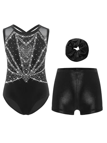 Xnihocha 3Pcs Mädchen Turnanzug Glitzer Gymnastikanzug Ärmellos Ballettanzug mit Shorts Kurze Hose und Stirnband Ballett Tanzkostüm Schwarzes Silber 134-140 von Xnihocha