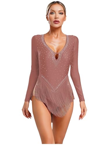 Xnihocha Damen Body Tanzen Latein Tanzkostüm Langarm Gymnastikbody Tanzbody Fransen Trikot Ballettkleidung Altrosa S von Xnihocha