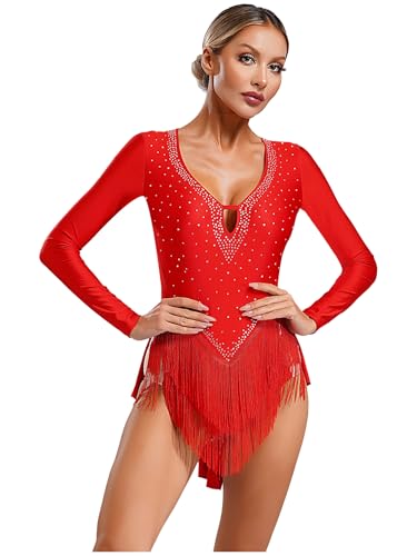 Xnihocha Damen Body Tanzen Latein Tanzkostüm Langarm Gymnastikbody Tanzbody Fransen Trikot Ballettkleidung Rot S von Xnihocha