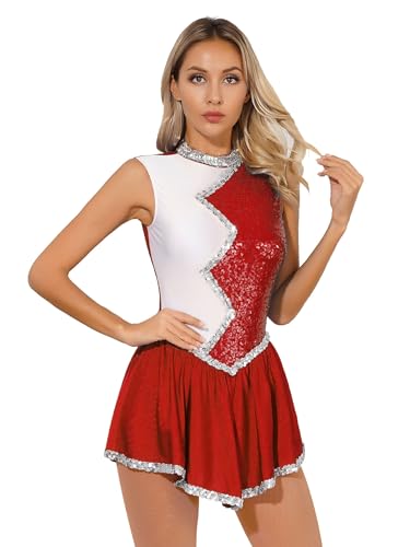 Xnihocha Damen Eiskunstlauf Tanzbody Glänzende Pailletten Ballettkleid Ärmellose Ballet Leotard Gymnastikanzug Tanzkleidung Rot XL von Xnihocha