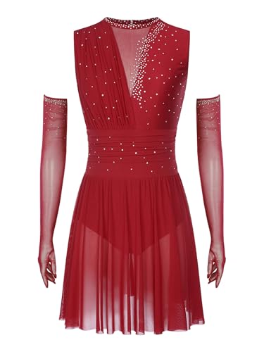 Xnihocha Damen Glitzer Kleider Eiskunstlauf Ballettkleid mit Langen Handschuhen Ärmellos Ballettkleid Tanz Trikot Tanzanzug Burgundy S von Xnihocha