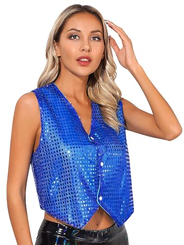 Xnihocha Damen Glitzer Pailletten Weste Ärmellos Mantel Disco Karneval Kostüm Rave Outfit Paillettenweste Glänzend Gilet für Party Tanz Blau Einheitsgröße von Xnihocha