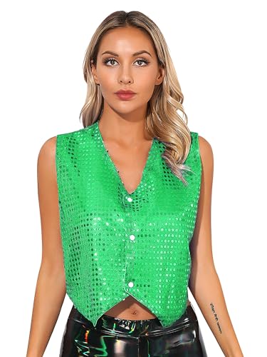 Xnihocha Damen Glitzer Pailletten Weste Ärmellos Mantel Disco Karneval Kostüm Rave Outfit Paillettenweste Glänzend Gilet für Party Tanz Grün Einheitsgröße von Xnihocha